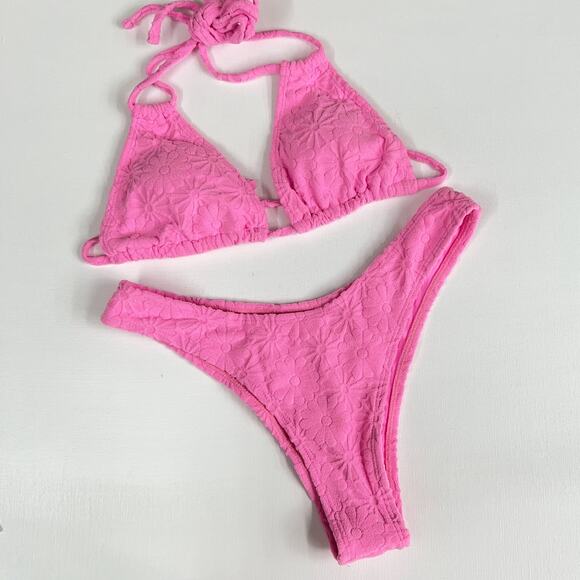 KB KINIS | Cheeky Bikini Set Textured Floral Print Pink Size L - Picture 3 of 11